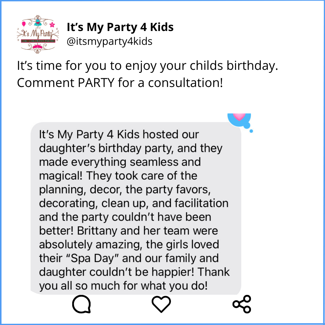 Parent review praising It's My Party 4 Kids for a seamless, magical spa day party